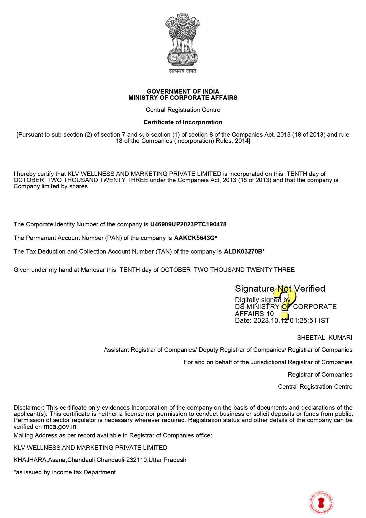 CERTIFICATE OF INCORPORATION